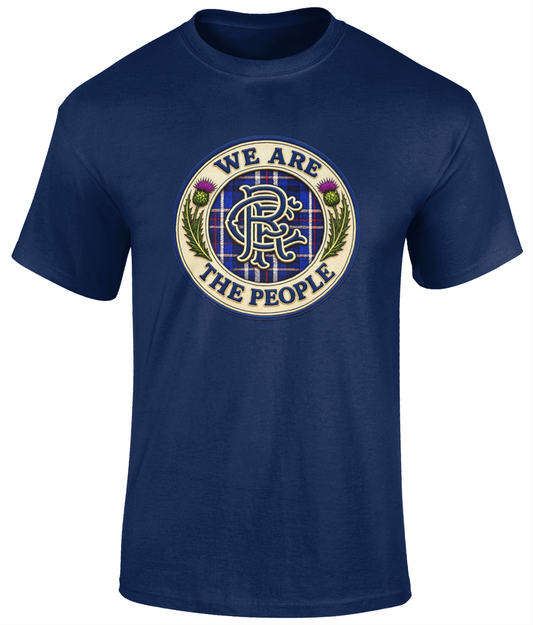 Men's We Are The People Crest t-shirt featuring a large tartan-inspired crest with Scottish thistles printed on the front.