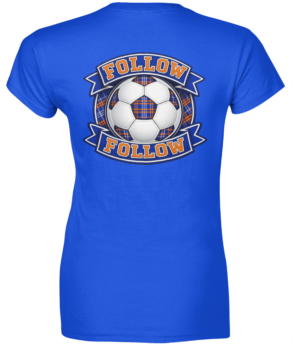 Royal blue women's fitted t-shirt with FOLLOW FOLLOW football-inspired back print design