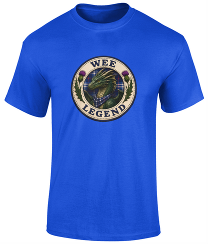 Wee Legend Dragon youth t-shirt in royal blue featuring a Scottish dragon crest design with tartan background and thistle details.