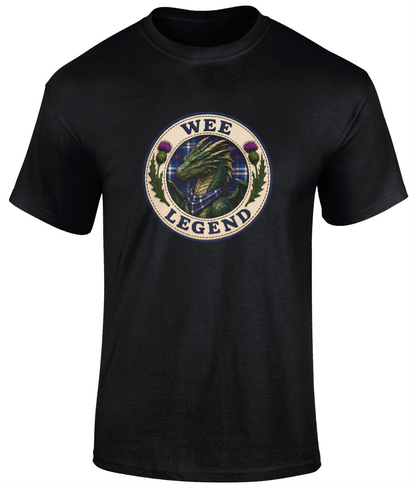Wee Legend Dragon youth t-shirt in black featuring a Scottish dragon crest design with tartan background and thistle details.