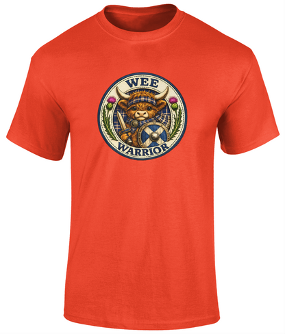 Wee Warrior youth t-shirt in orange featuring a Highland cow warrior crest with tartan, sword and shield.