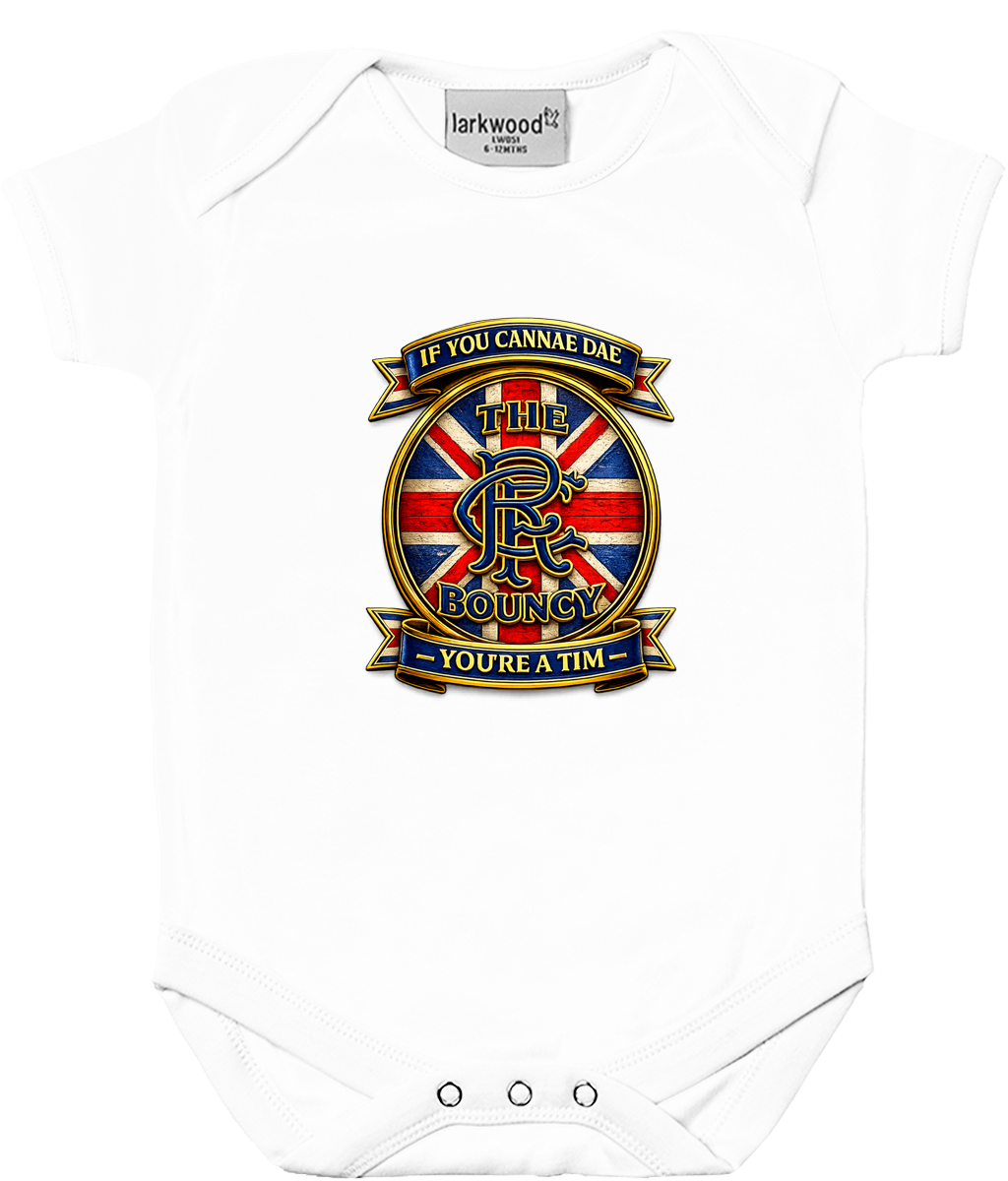 White baby bodysuit featuring the If You Cannae Dae The Bouncy football crest design inspired by match-day culture.