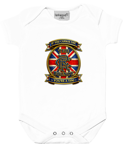 White baby bodysuit featuring the If You Cannae Dae The Bouncy football crest design inspired by match-day culture.