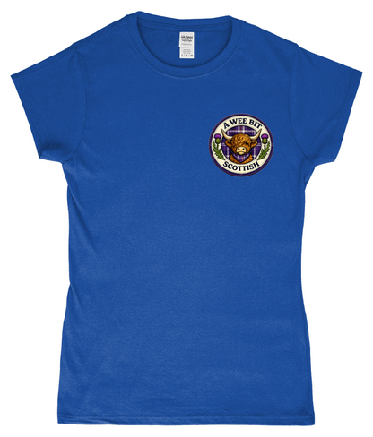Ladies fitted royal blue t-shirt featuring the A Wee Bit Scottish Highland cow badge design on the left chest.