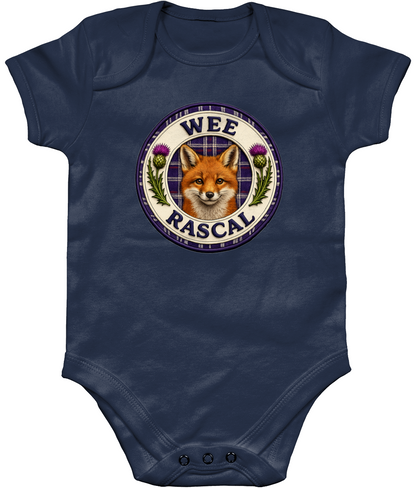 Navy Wee Rascal baby bodysuit featuring a Scottish fox, tartan background and purple thistle badge design.