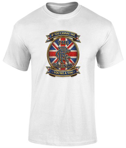 If You Cannae Dae The Bouncy youth t-shirt in white featuring the Union Flag crest design and slogan.
