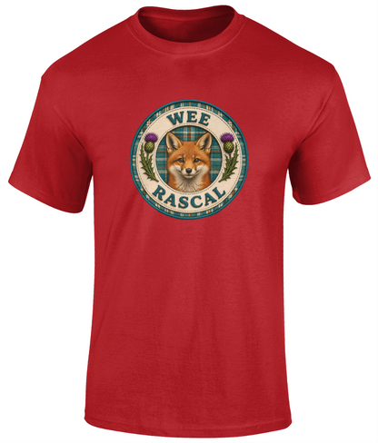 Wee Rascal youth t-shirt in red featuring a realistic fox crest with teal tartan background and Scottish thistles.