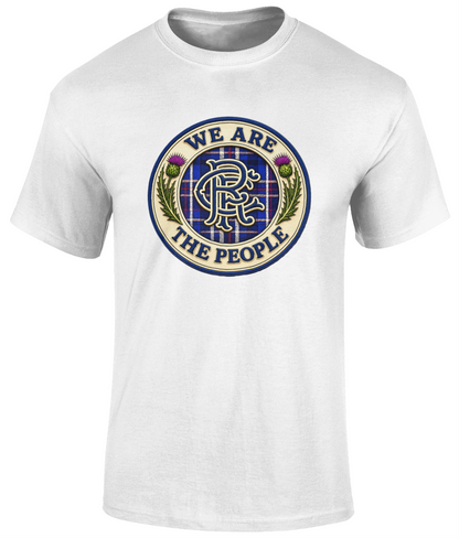 We Are The People Crest men's t-shirt in white featuring a tartan and thistle crest design.