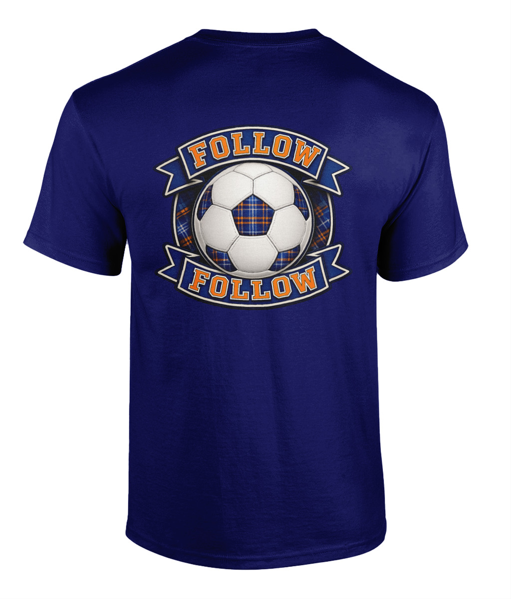 Royal blue FOLLOW FOLLOW Crest men's t-shirt featuring football-inspired supporter crest design. 