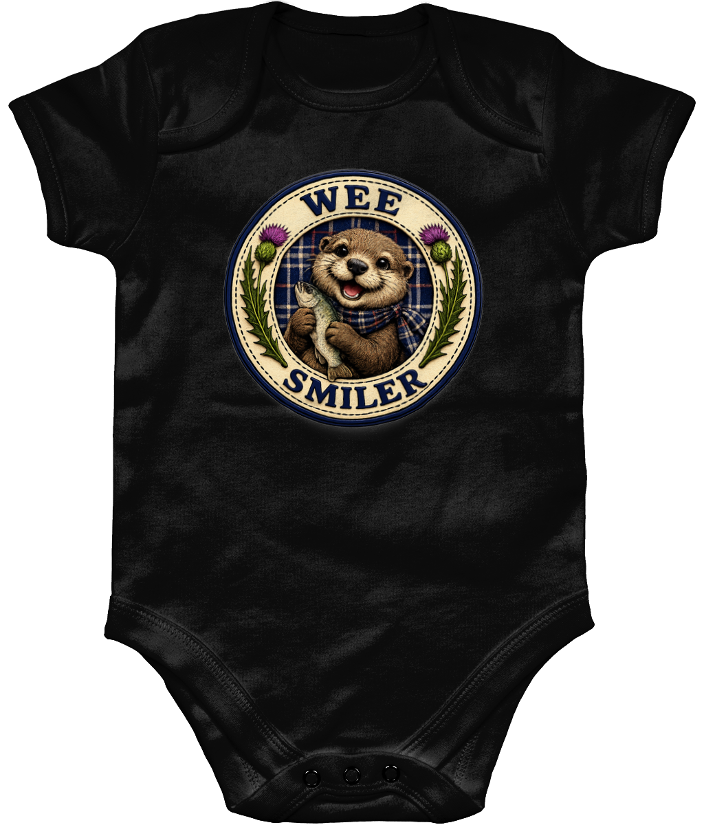 Wee Smiler baby bodysuit in black featuring smiling Scottish otter design