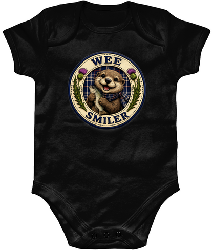 Wee Smiler baby bodysuit in black featuring smiling Scottish otter design