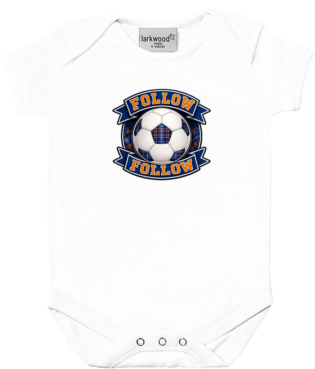 White baby bodysuit featuring the FOLLOW FOLLOW Crest football design with tartan detailing and banner styling.