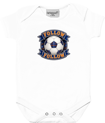 White baby bodysuit featuring the FOLLOW FOLLOW Crest football design with tartan detailing and banner styling.