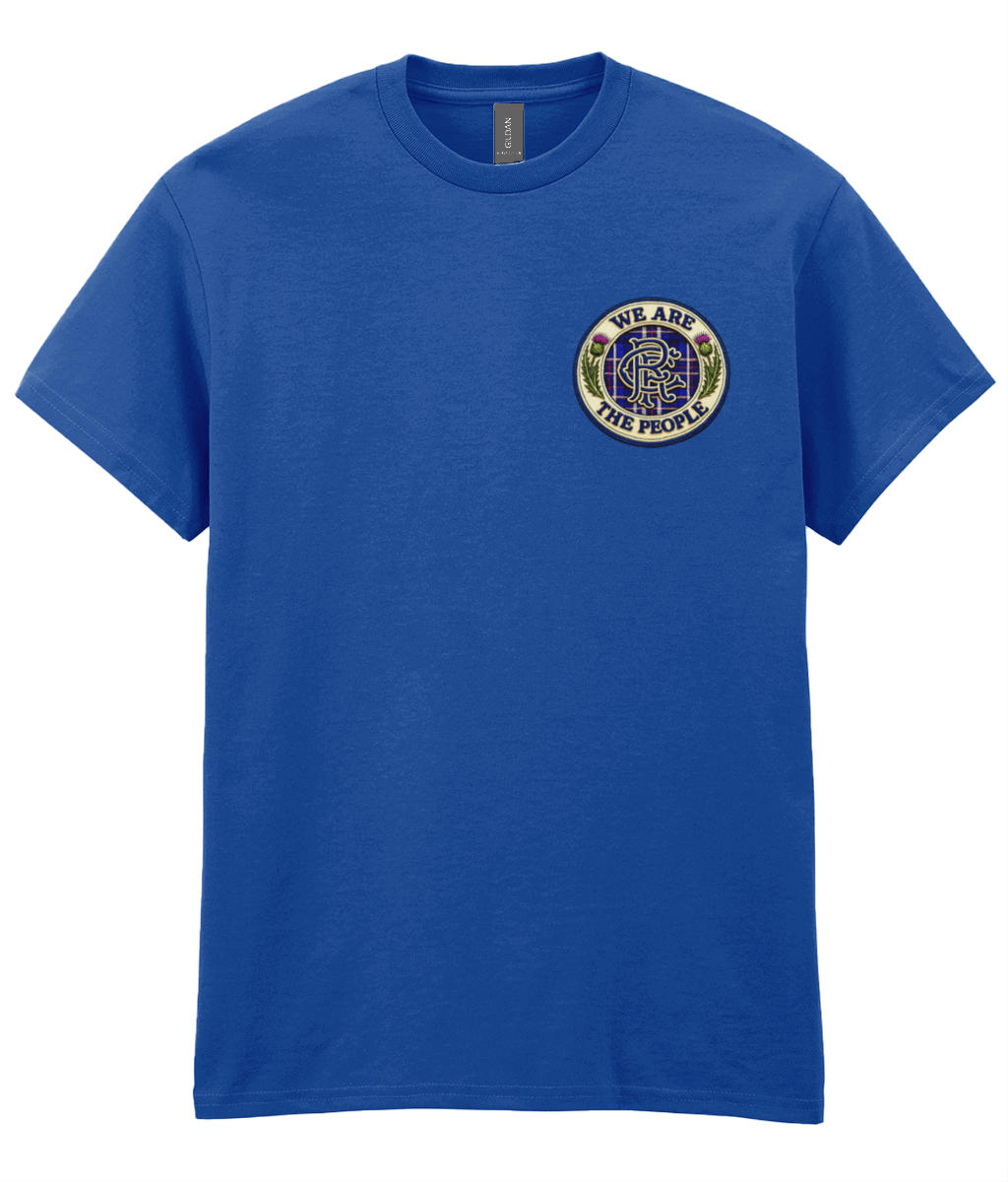 Royal Blue We Are The People Crest men's t-shirt featuring a small embroidered-style supporter badge on the left chest.