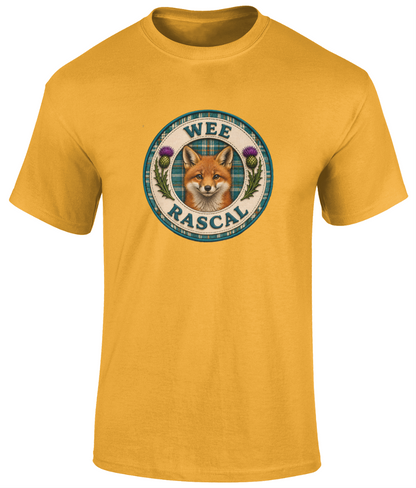 Wee Rascal youth t-shirt in gold featuring a realistic fox crest with teal tartan background and Scottish thistles.