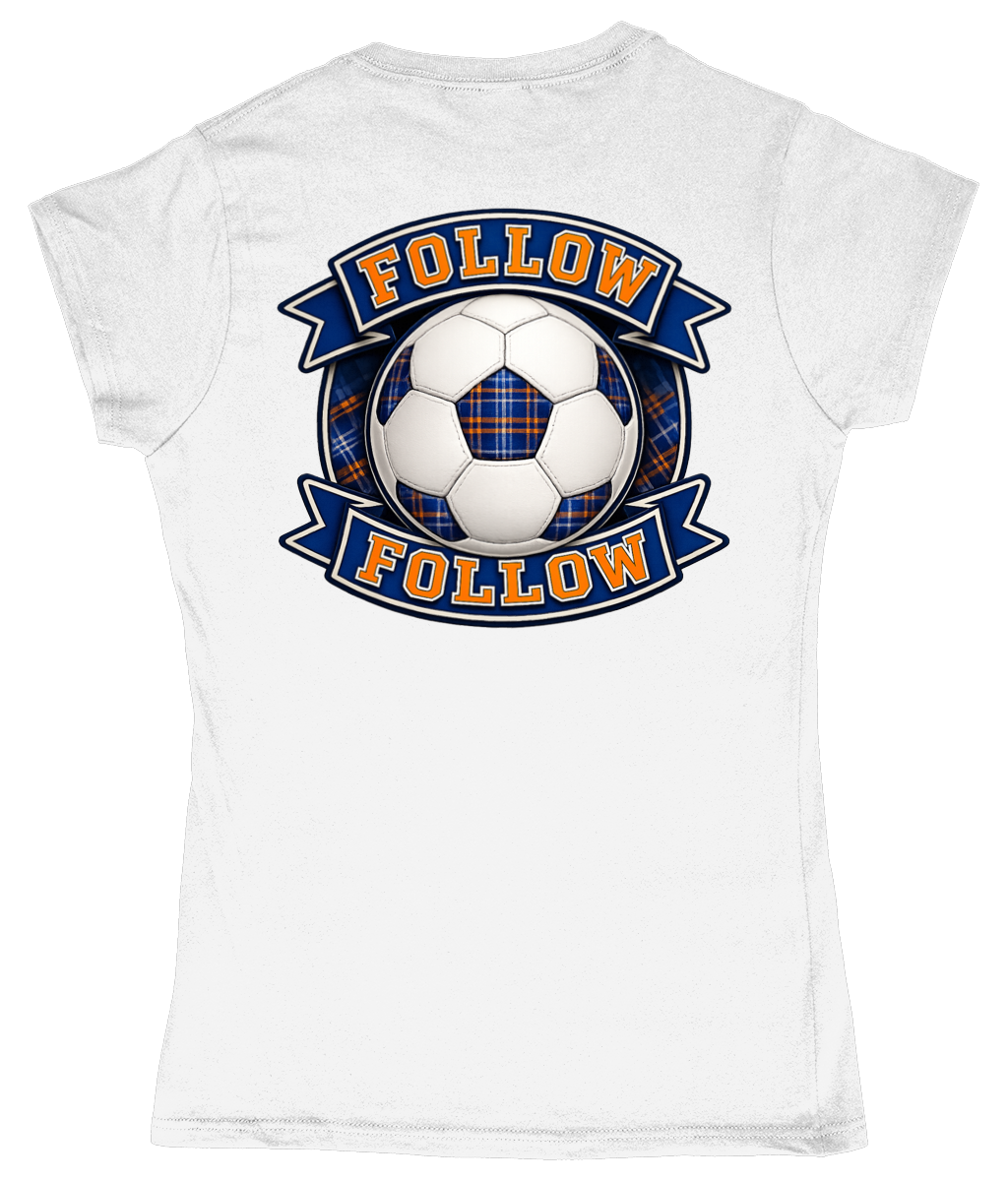 White women's fitted t-shirt with FOLLOW FOLLOW football-inspired back print design
