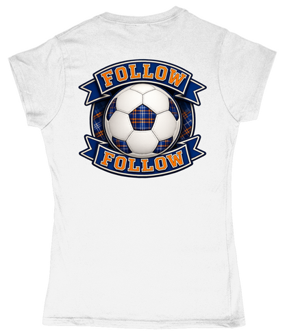 White women's fitted t-shirt with FOLLOW FOLLOW football-inspired back print design