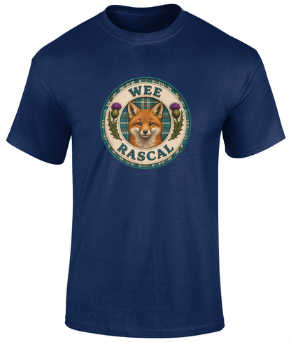 Wee Rascal youth t-shirt in navy featuring a realistic fox crest with teal tartan background and Scottish thistles.