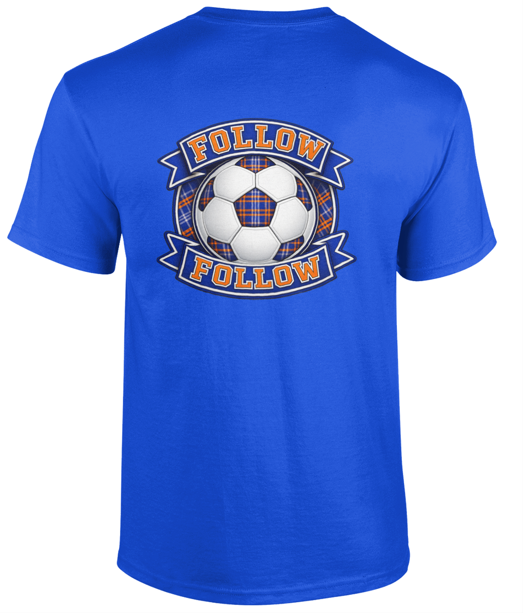 FOLLOW FOLLOW men's t-shirt in royal blue featuring a football-inspired tartan crest printed on the back.