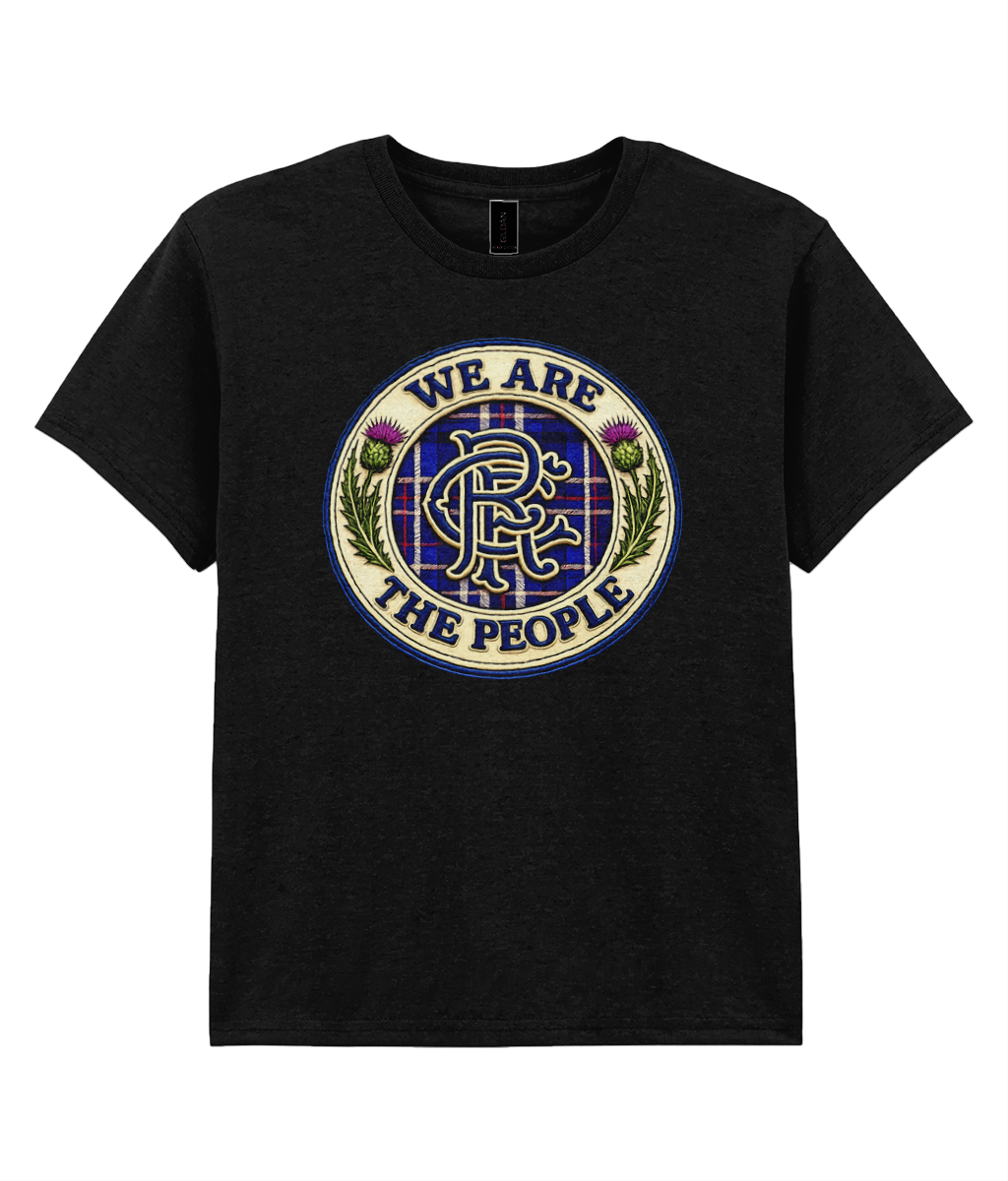 We Are The People crest youth t-shirt in black featuring tartan crest design