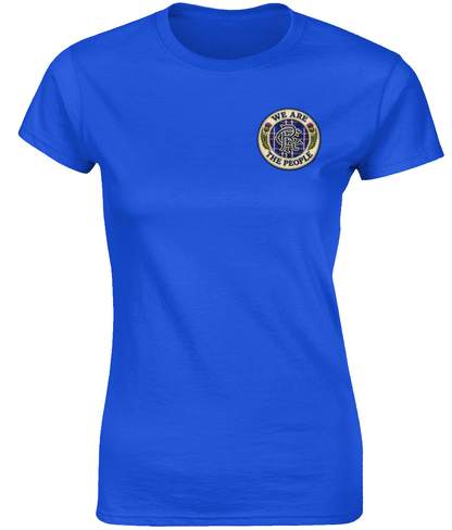 We Are The People Crest ladies fitted t-shirt in royal blue featuring a small tartan and thistle crest on the left chest.