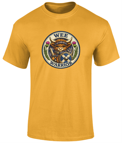 Wee Warrior youth t-shirt in gold featuring a Highland cow warrior crest with tartan, sword and shield.