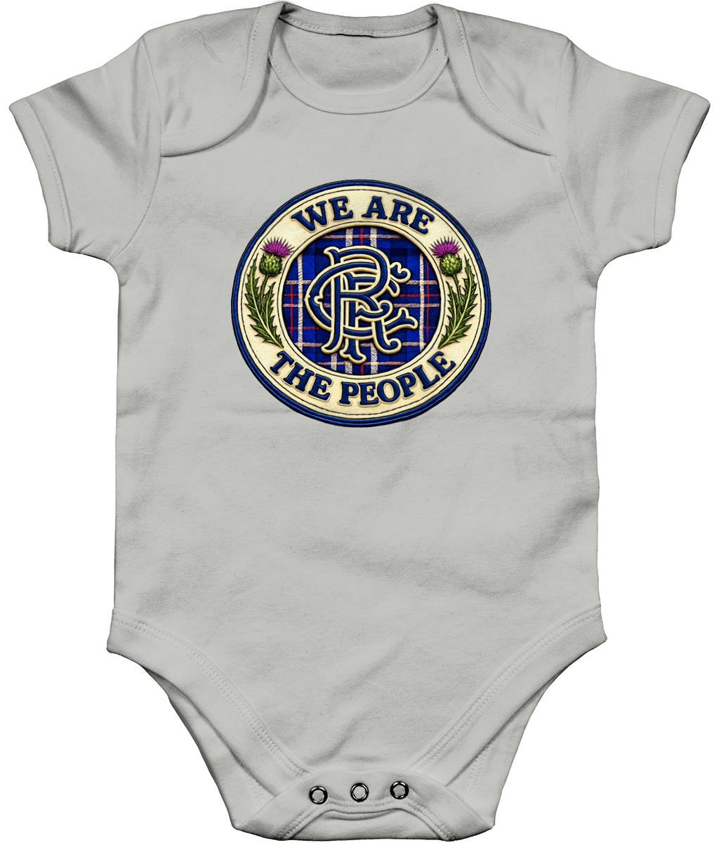 We Are The People badge baby bodysuit in heather grey featuring tartan crest design