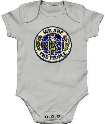 We Are The People badge baby bodysuit in heather grey featuring tartan crest design