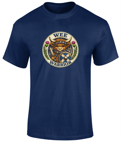 Wee Warrior youth t-shirt in navy featuring a Highland cow warrior crest with tartan, sword and shield.