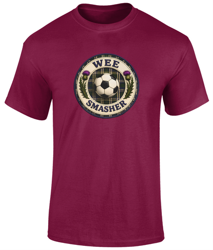 Wee Smasher youth t-shirt in cardinal red featuring a football-themed Scottish crest design with centred football.