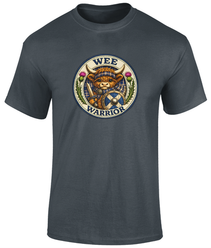 Wee Warrior youth t-shirt in charcoal featuring a Highland cow warrior crest with tartan, sword and shield.