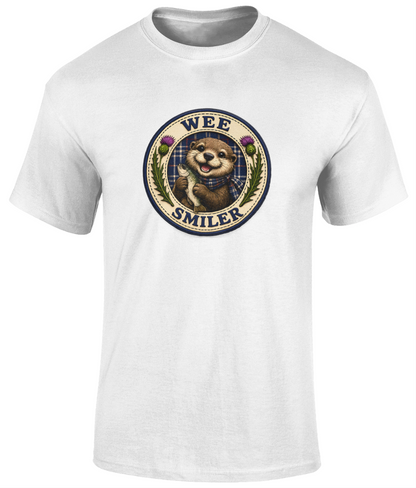 Wee Smiler youth t-shirt in white featuring a smiling otter crest holding a fish with tartan and thistle details.