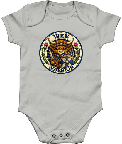 Wee Warrior baby bodysuit in light grey featuring Highland Cow warrior badge design