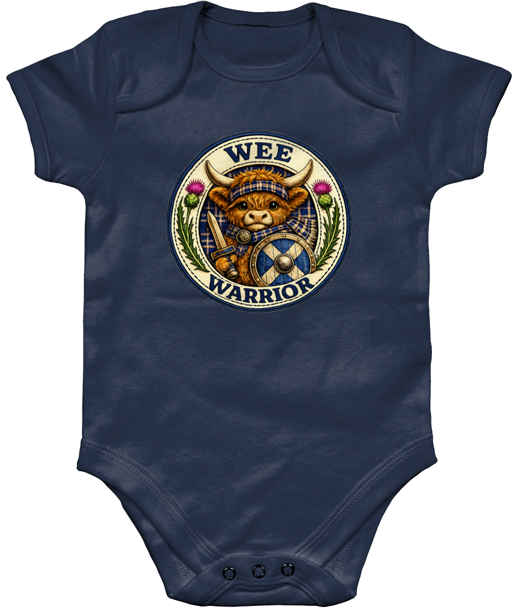 Wee Warrior baby bodysuit in navy blue featuring Highland Cow warrior badge design