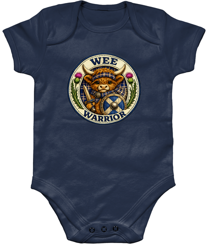 Wee Warrior baby bodysuit in navy blue featuring Highland Cow warrior badge design
