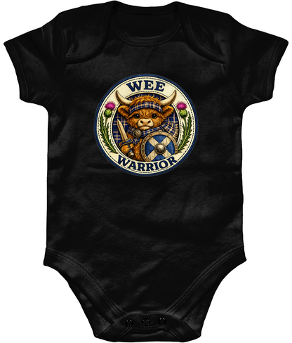 Wee Warrior baby bodysuit in black featuring a Highland Cow warrior design with tartan scarf, shield, sword and Scottish thistles.