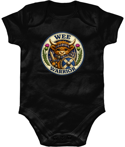 Wee Warrior baby bodysuit in black featuring a Highland Cow warrior design with tartan scarf, shield, sword and Scottish thistles.