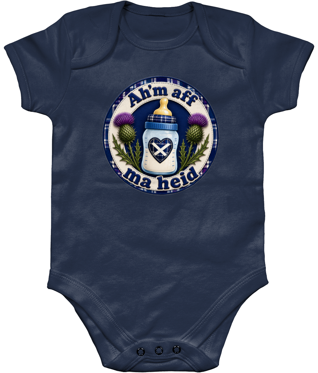 Ah'm Aff Ma Heid baby bodysuit in navy blue