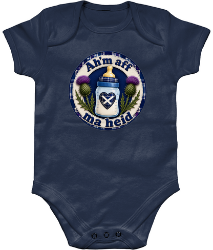 Ah'm Aff Ma Heid baby bodysuit in navy blue