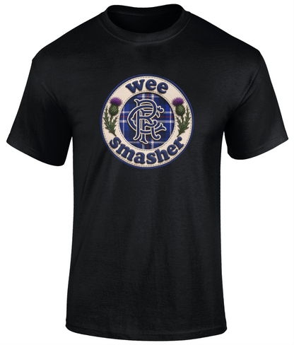 Wee Smasher RFC Badge youth t-shirt in black featuring a blue tartan crest design with Scottish thistles.