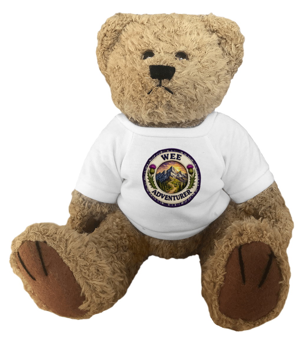 Soft teddy bear wearing a matching Wee Adventurer t-shirt featuring the Scottish mountain badge design.