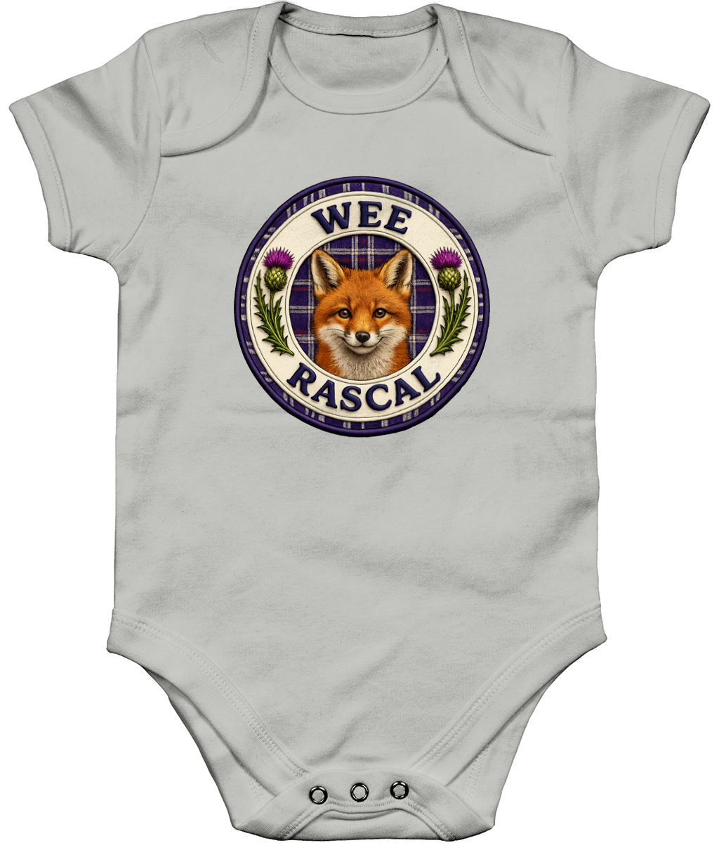 Heather Grey Wee Rascal baby bodysuit featuring a Scottish fox, tartan background and purple thistle badge design.