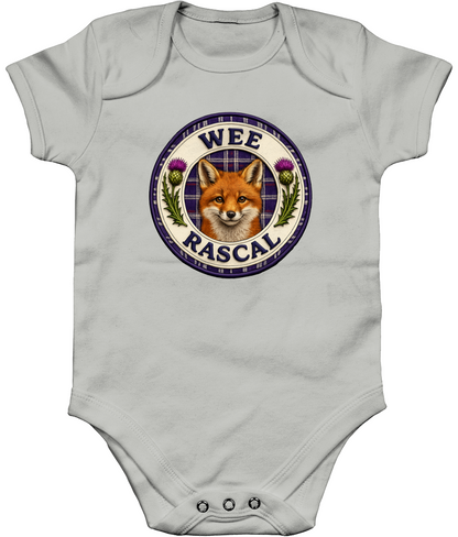 Heather Grey Wee Rascal baby bodysuit featuring a Scottish fox, tartan background and purple thistle badge design.