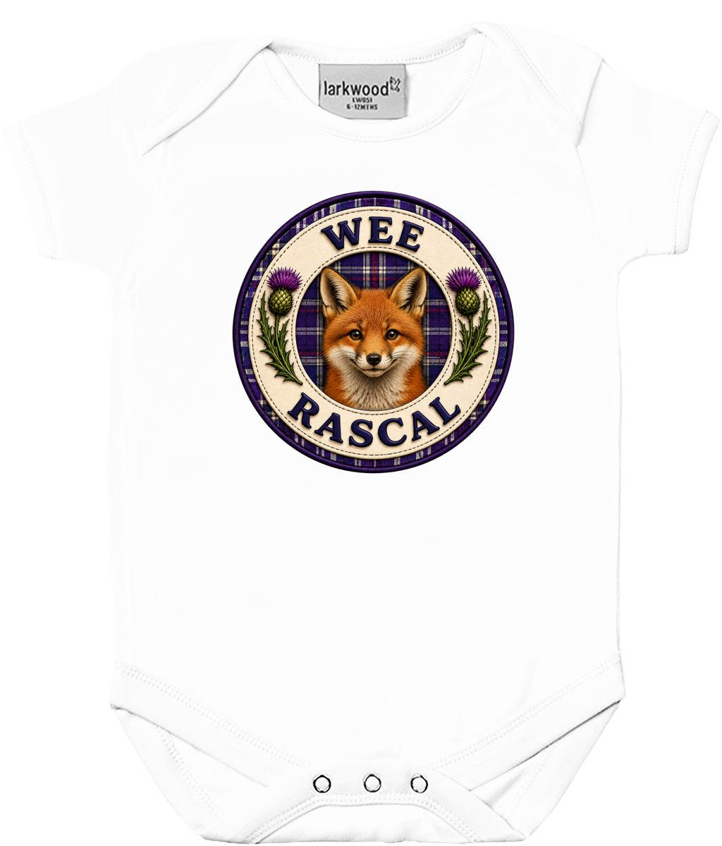 White baby bodysuit featuring the Wee Rascal fox badge design with tartan detailing and Scottish thistles.