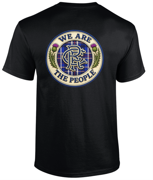 Men's black We Are The People Crest Back Print T-Shirt featuring a large tartan-inspired crest design.