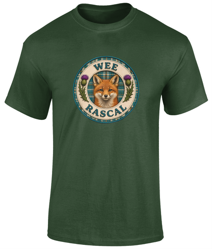 Wee Rascal youth t-shirt in forest featuring a realistic fox crest with teal tartan background and Scottish thistles.