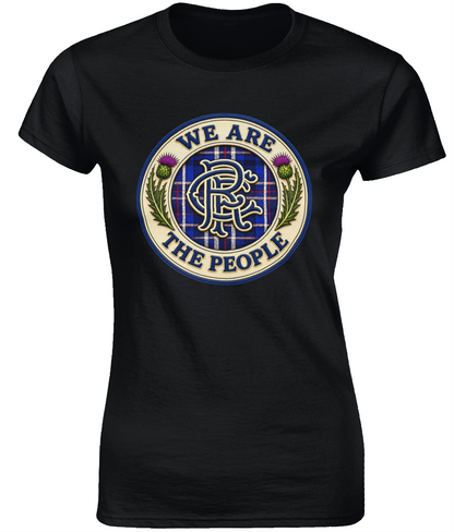 Women's fitted black We Are The People t-shirt with Scottish crest and tartan design.