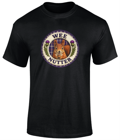 Wee Nutter youth t-shirt in black featuring a squirrel crest with tartan and thistle details.