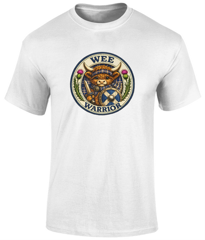 Wee Warrior youth t-shirt in white featuring a Highland cow warrior crest with tartan, sword and shield.