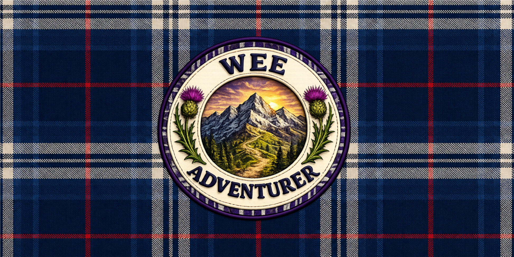 Wee Adventurer pencil case with navy tartan pattern and adventure-themed Scottish crest design